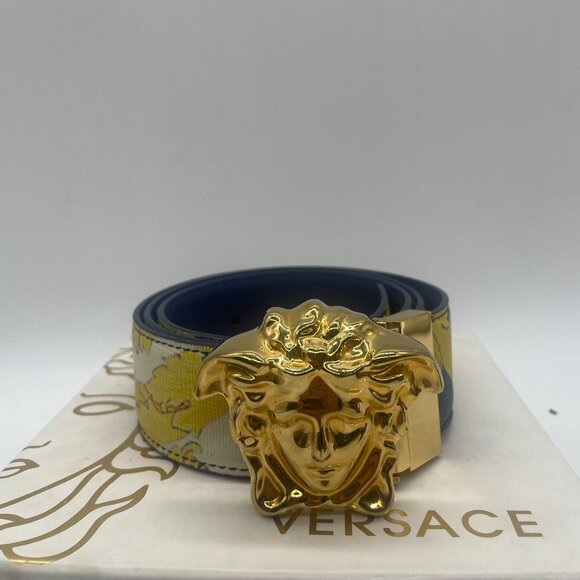 VERSACE Black / Barocco Print Reversible Leather Belt w Medusa Buckle - Picture 1 of 5